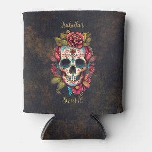 Floral Sugar Skull Sweet 16 Birthday Can Cooler
