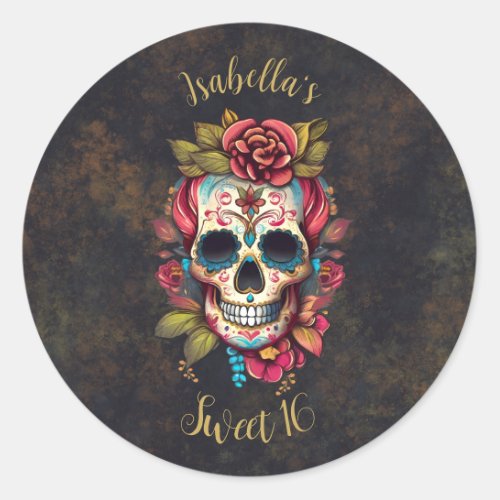 Floral Sugar Skull Sweet 16 Birthday  Classic Round Sticker