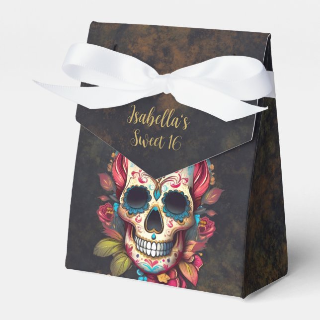 Floral Sugar Skull Sweet 16 Birthday  Favor Boxes (Front Side)