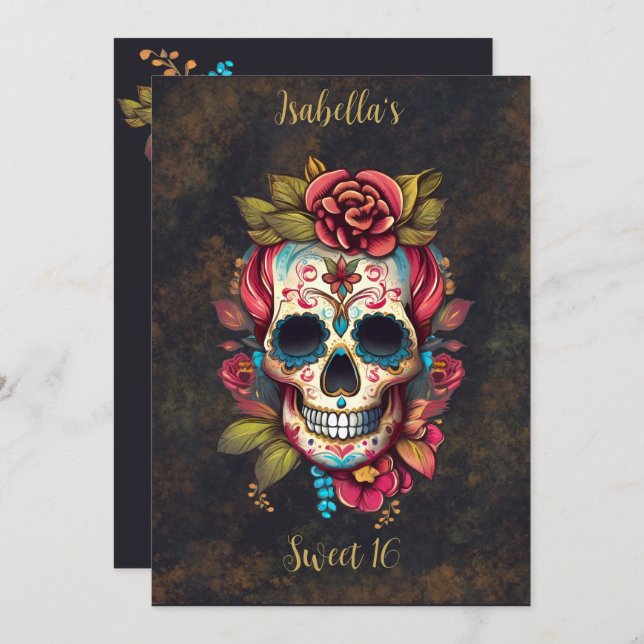 Floral Sugar Skull Sweet 16 Birthday Invitation (Front/Back)