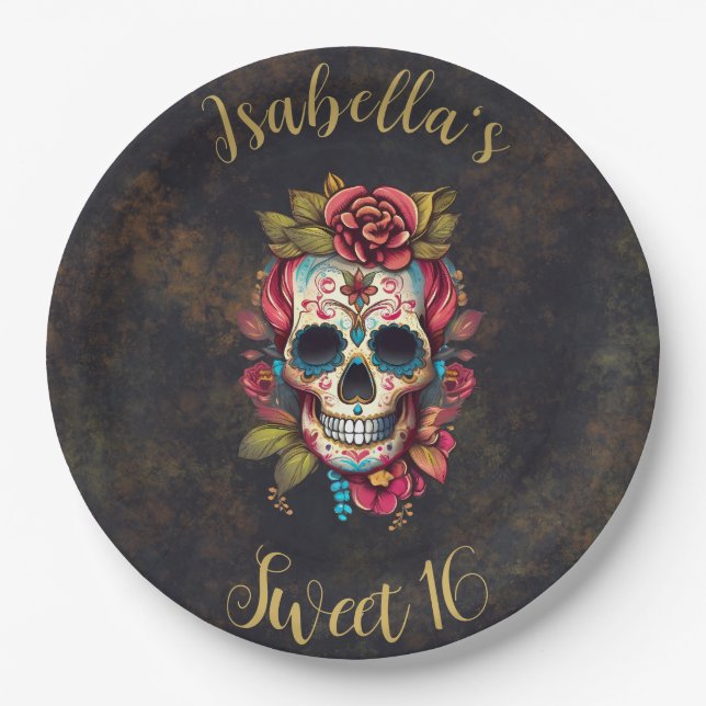 Floral Sugar Skull Sweet 16 Birthday Paper Plates (Front)