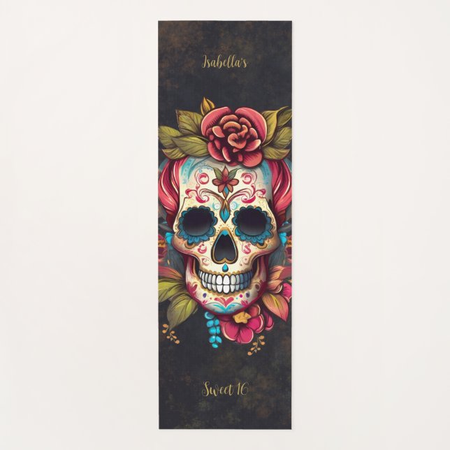 Floral Sugar Skull Sweet 16 Birthday Yoga Mat (Front)