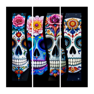 Floral Sugar Skull  Triptych