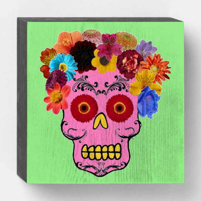 Floral Sugar Skull Wooden Box Sign (Front Horizontal)
