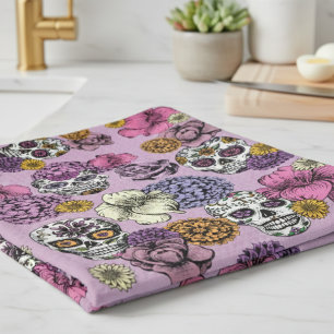 Floral Sugar Skulls Dia de los Muertos Kitchen Towel