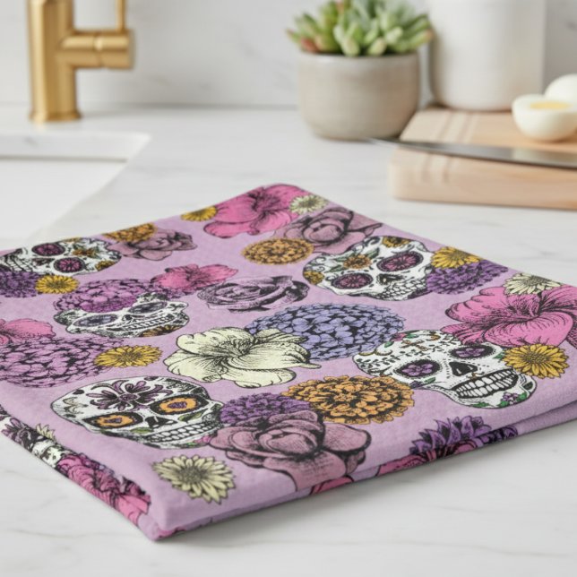 Floral Sugar Skulls Dia de los Muertos Kitchen Towel (Lilac Floral Sugar Skulls Dia de los Muertos Kitchen Towels. Mexican Skull, Flower Halloween Pattern)