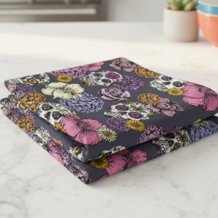 Floral Sugar Skulls Dia de los Muertos Kitchen Towel