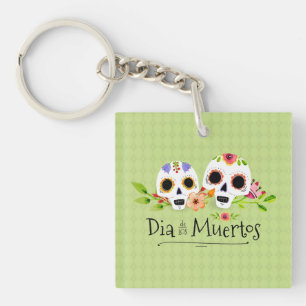 Floral Sugar Skulls Dia de Muertos Keychain