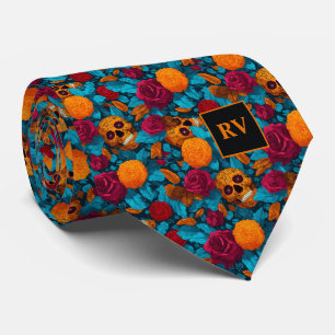 Floral Sugar Skulls in Red and Teal Neck Tie
