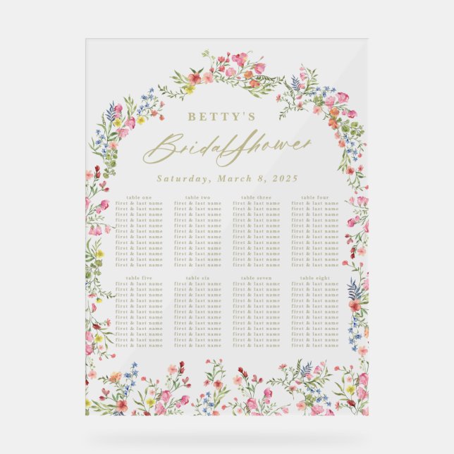 floral summer bridal shower table seating acrylic sign (Front)