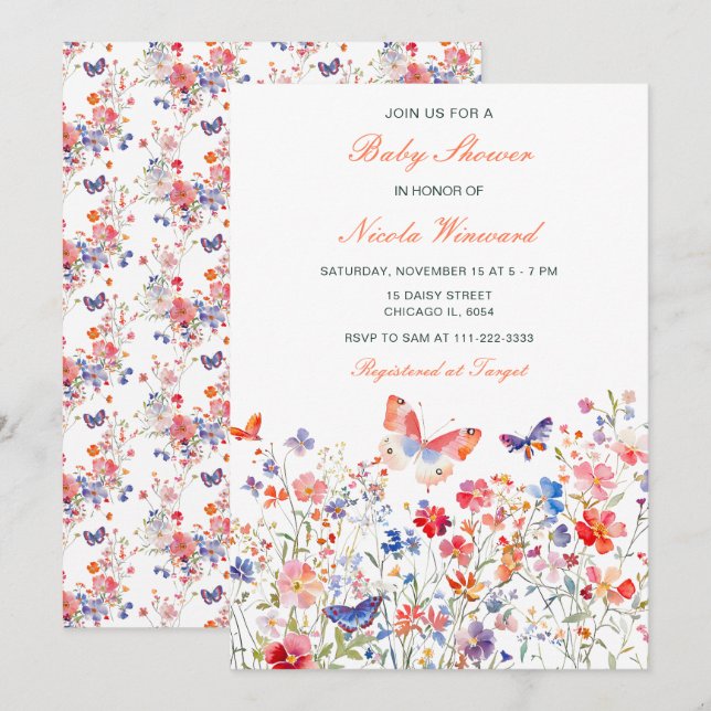 Floral Summer Butterfly Baby Shower Invitation (Front/Back)