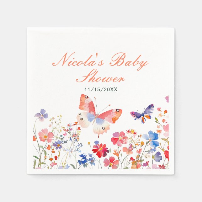 Floral Summer Butterfly Baby Shower Napkins (Front)