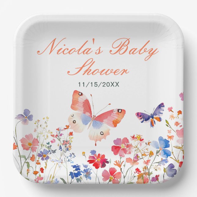 Floral Summer Butterfly Baby Shower Paper Plates (Front)