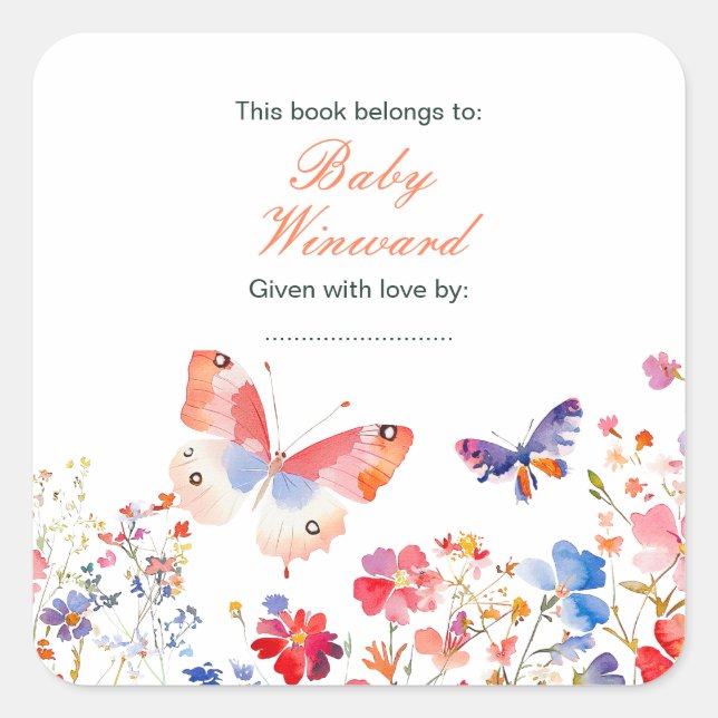 Floral Summer Butterfly Baby Shower Square Sticker (Front)