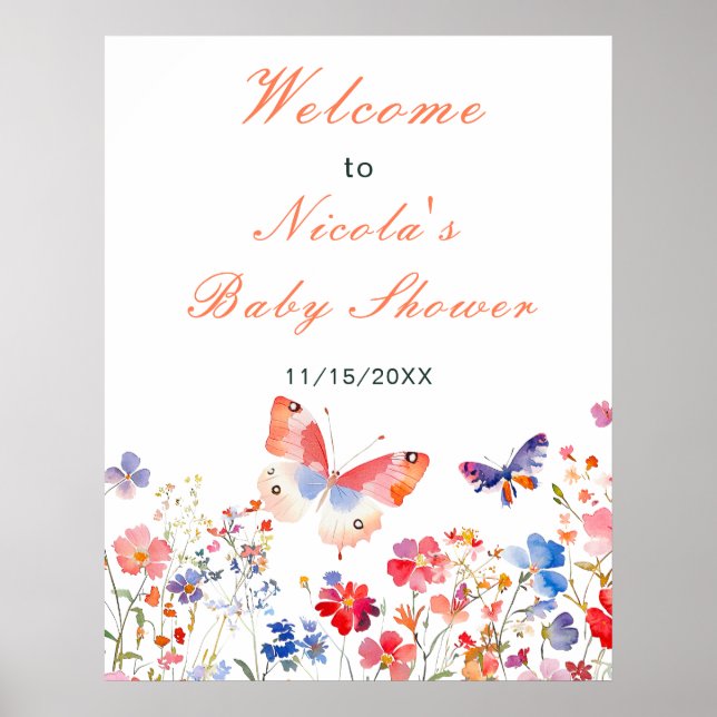 Floral Summer Butterfly Baby Shower Welcome Poster (Front)