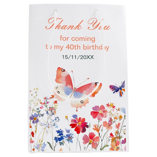 Floral Summer Butterfly Birthday Medium Gift Bag (Front)