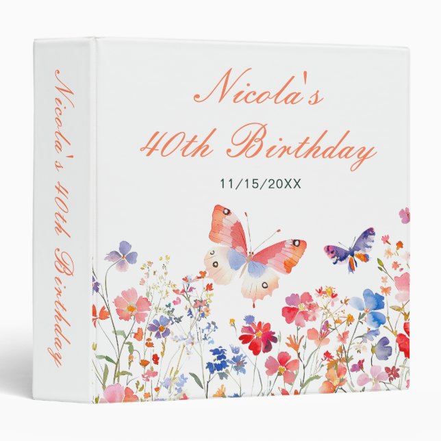 Floral Summer Butterfly Birthday Party Photo Album 3 Ring Binder (Front/Spine)
