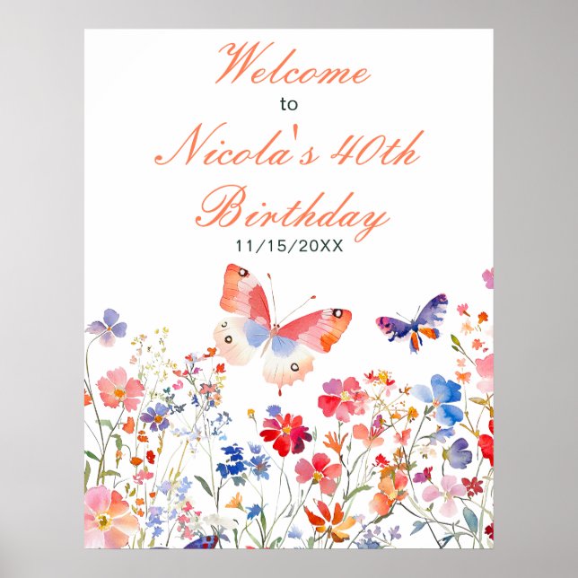 Floral Summer Butterfly Birthday Shower Poster (Front)