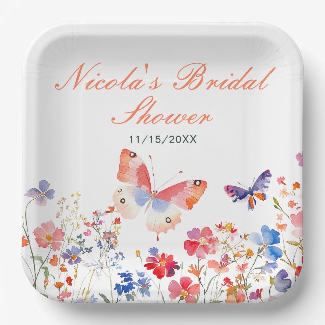 Floral Summer Butterfly Bridal Shower Paper Plates (Front)
