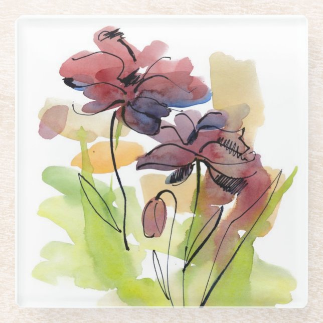 Floral summer design with hand-painted abstract 2 glass coaster (Front)