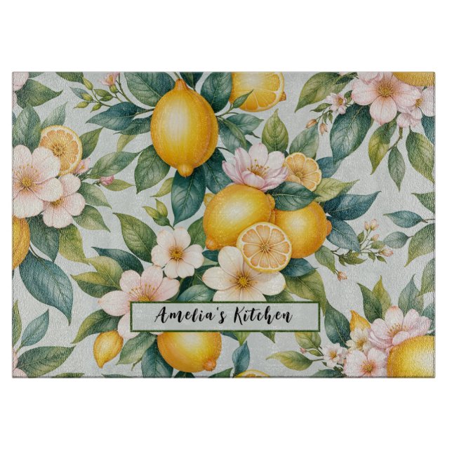 Floral Summer lemon citrus personalized name  Cutting Board (Front)