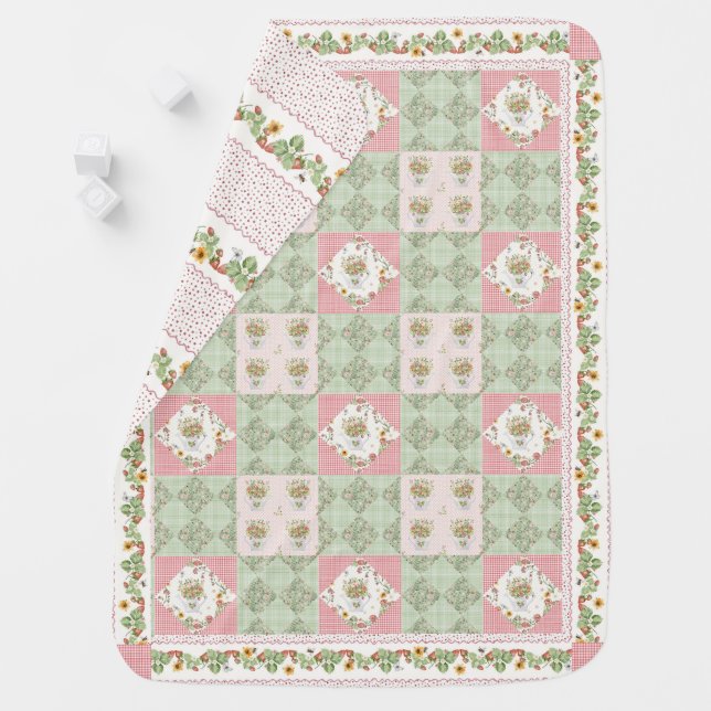 Floral Summer Strawberries Gingham Baby Girl Baby Blanket (In Situ)