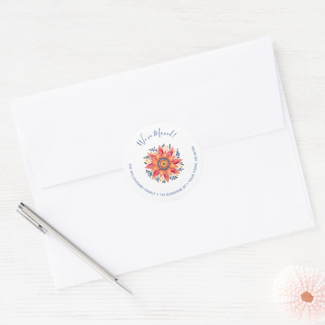 Floral Sunburst Moving Announcement Classic Round Sticker (Envelope)