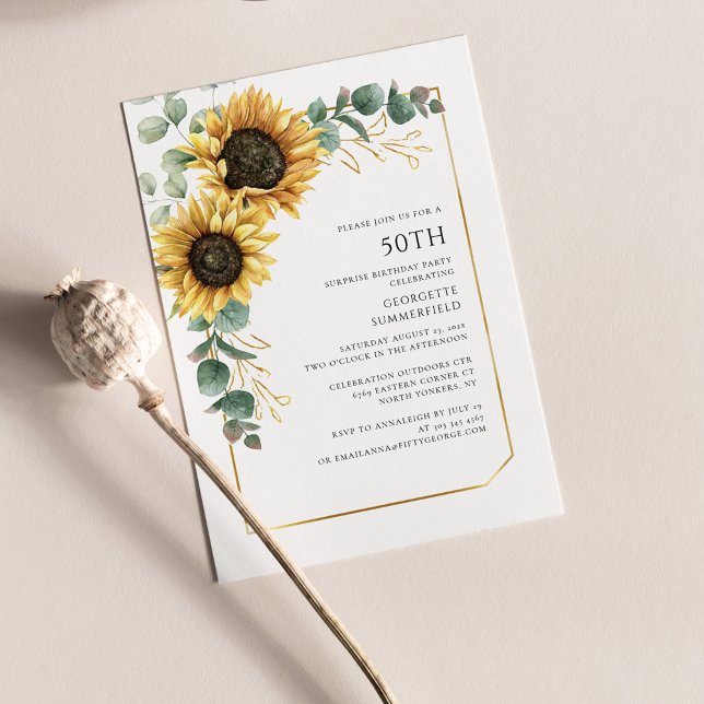 Floral Sunflower 50th Birthday Invitation (Sunflower Greenery 50th Birthday Party Invitation)