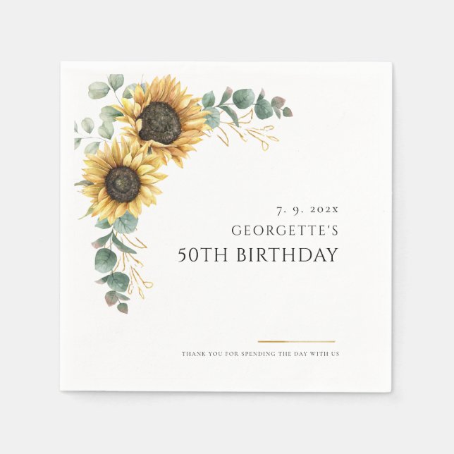 Floral Sunflower 50th Birthday Paper Napkins (Front)