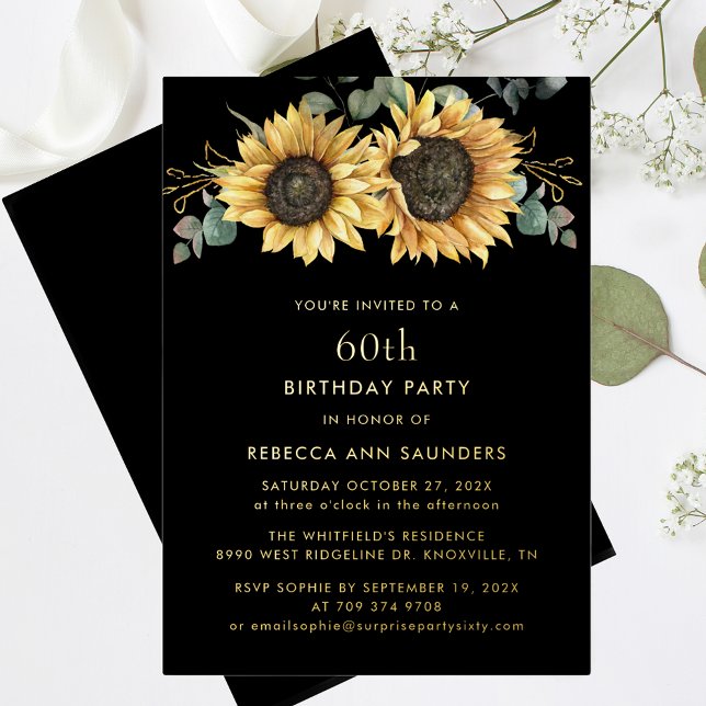 Floral Sunflower 60th Birthday Party Gold Foil Invitation (Sunflower Eucalyptus Floral 60th Birthday Party Gold Foil Invitation)