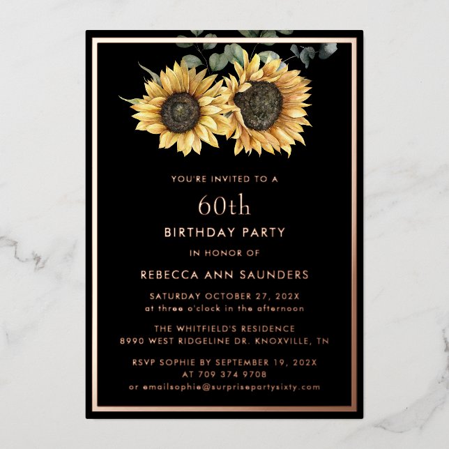 Floral Sunflower 60th Birthday Party Gold Foil Invitation (Front)