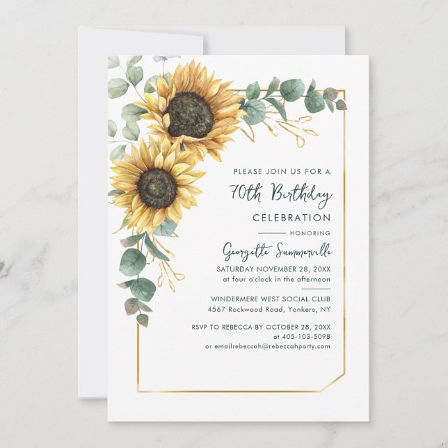 Floral Sunflower 70th Birthday Party Eucalyptus Invitation (Front)
