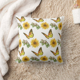 Floral Sunflower and Butterfly Yellow Throw Pillow