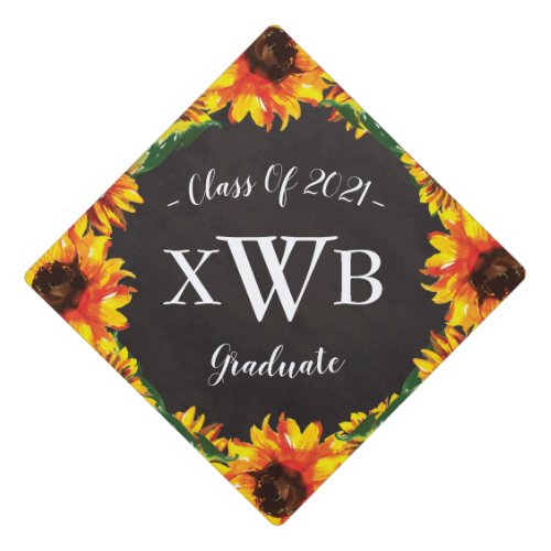 Floral Sunflower and Chalkboard Monogramed  Graduation Cap Topper