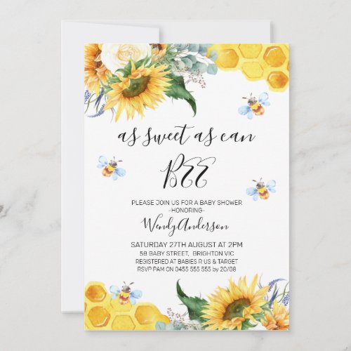 Floral Sunflower Bee Baby Shower Invitation