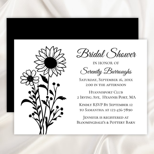 Floral Sunflower Black White Bridal Shower Invitation (Creator Uploaded)