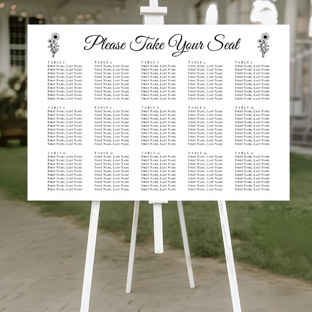 Floral Sunflower Black White Wedding Seating Chart Foam Board (Creator Uploaded)