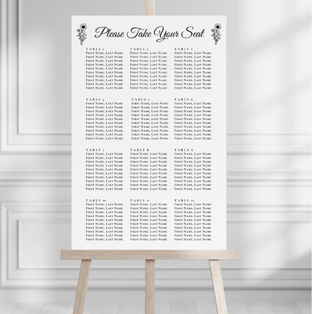 Floral Sunflower Black White Wedding Seating Chart Foam Board (Creator Uploaded)