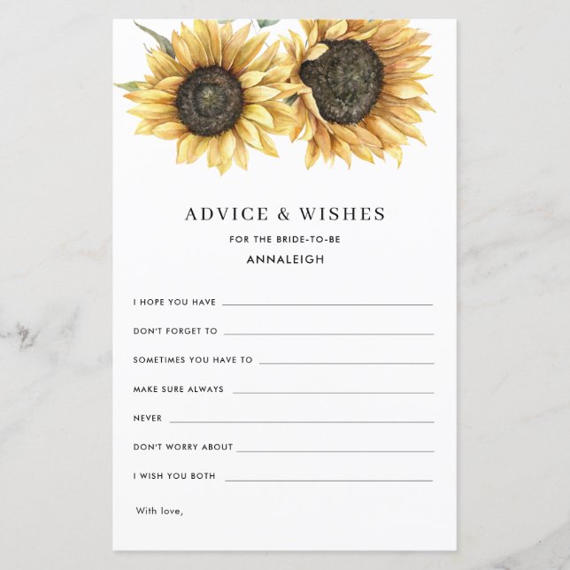 Floral Sunflower Bridal Shower Advice Card (Front)