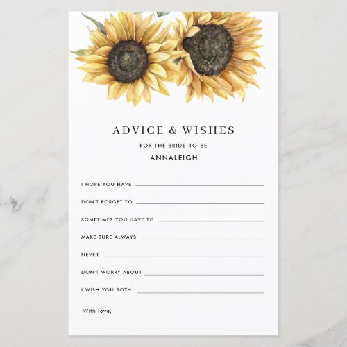 Floral Sunflower Bridal Shower Advice Card