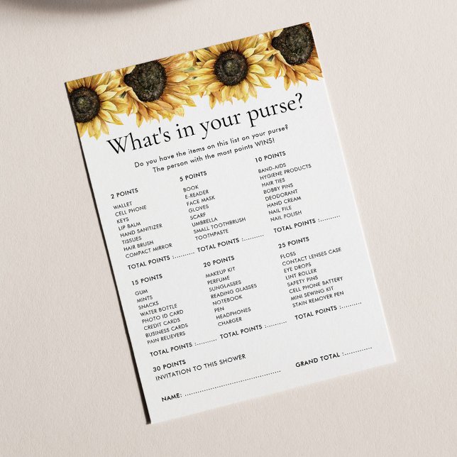 Floral Sunflower Bridal Shower Game (Floral Sunflower Bridal Shower Games What's in her Purse Card)