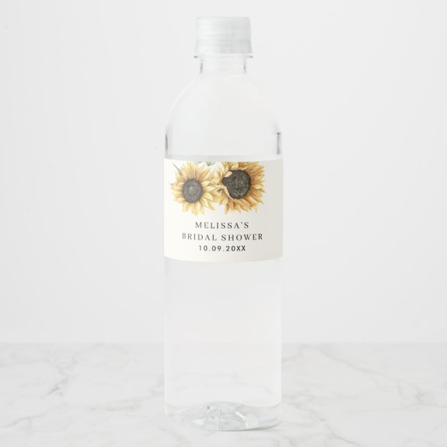 Floral Sunflower Bridal Shower Water Bottle Label (Front)