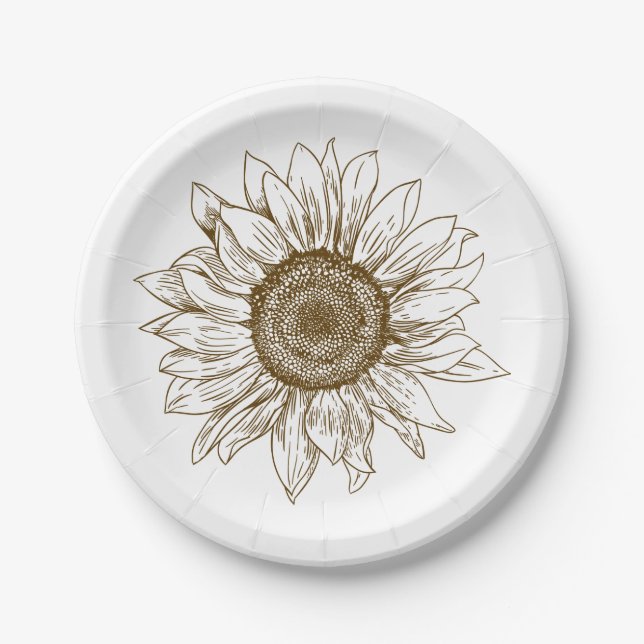 Floral Sunflower Brown Flower Rustic Wedding Party Paper Plates (Front)