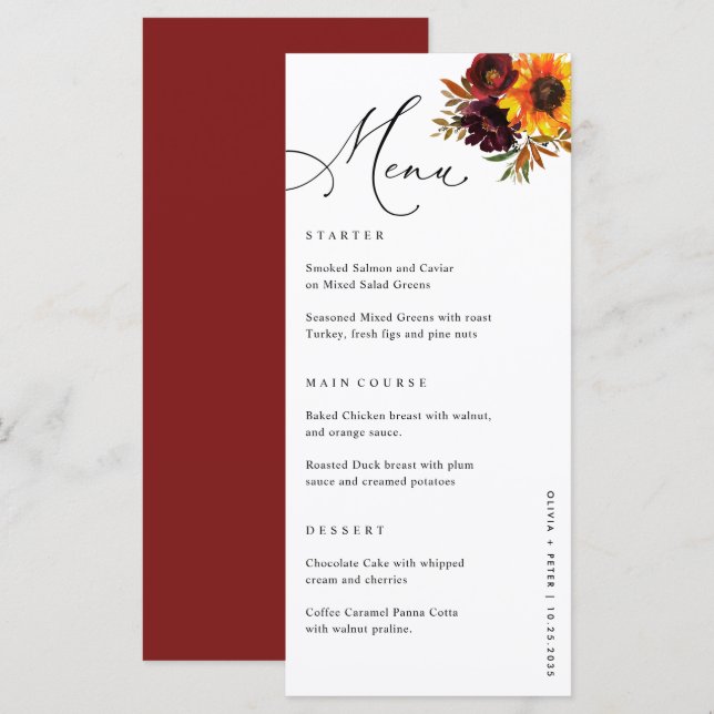 Floral Sunflower Burgundy Fall Wedding Reception Menu (Front/Back)