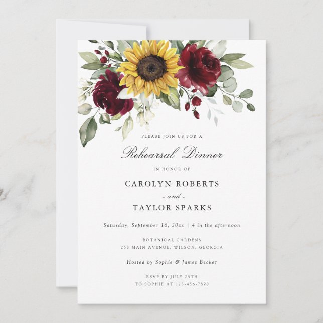Floral Sunflower Burgundy Rehearsal Dinner Wedding Invitation (Front)