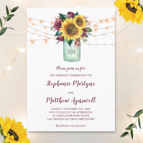 Floral Sunflower Burgundy Rose Lights Jar Wedding Invitation