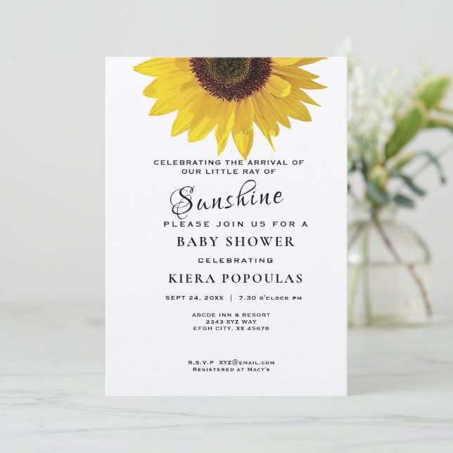 Floral Sunflower Card, Ray of Sunshine Baby Shower Invitation (Standing Front)