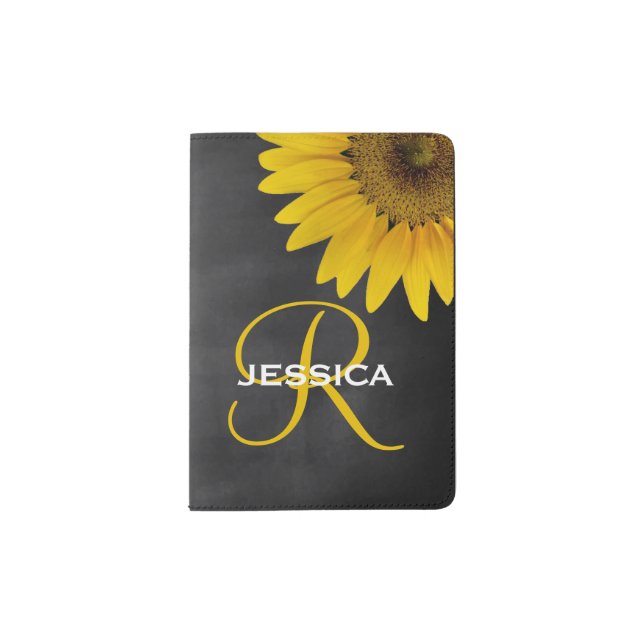 Floral Sunflower Chalkboard Yellow Monogram Passport Holder (Front)