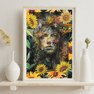 Floral Sunflower Collage Yellow Woman Portrait Poster