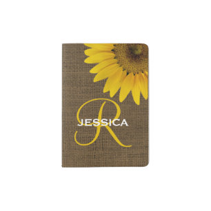 Floral Sunflower Country Burlap Yellow Monogram Passport Holder